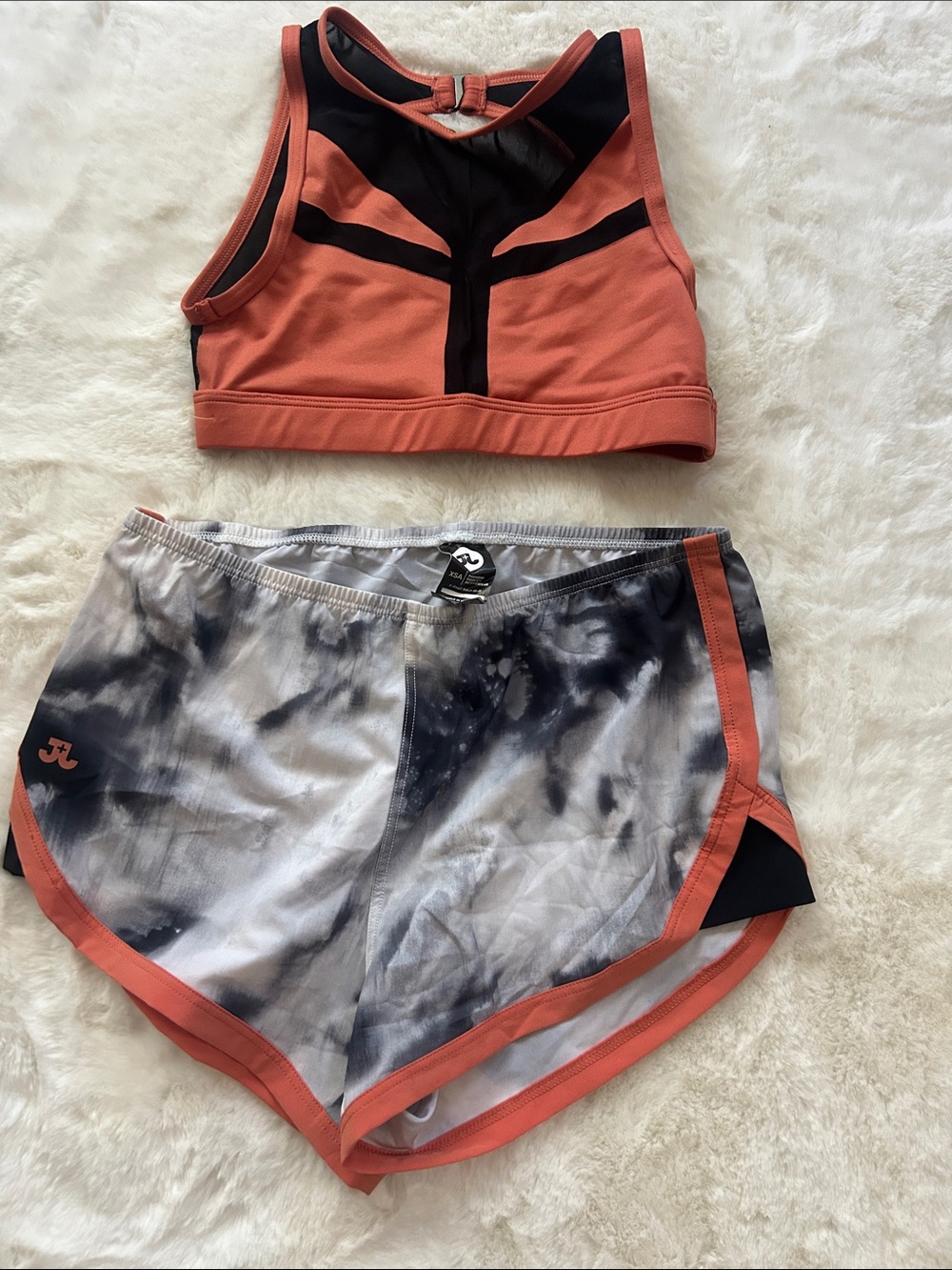 Joand Jax Coral and Black Sports Bra + Tie-Dye Coral-Trim Running Shorts Set